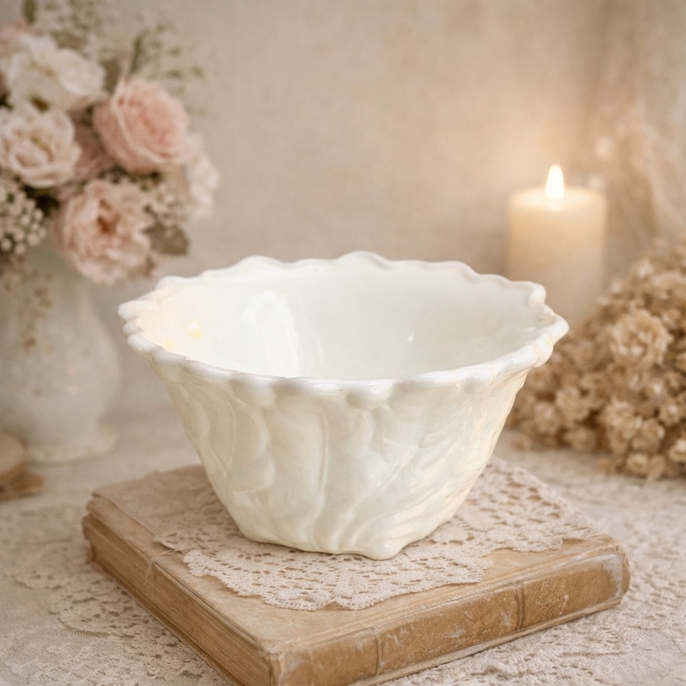 Vintage Indian Glass Co.Milk Glass Compote Rose&Leaf Raised Pattern Trinket Bowl